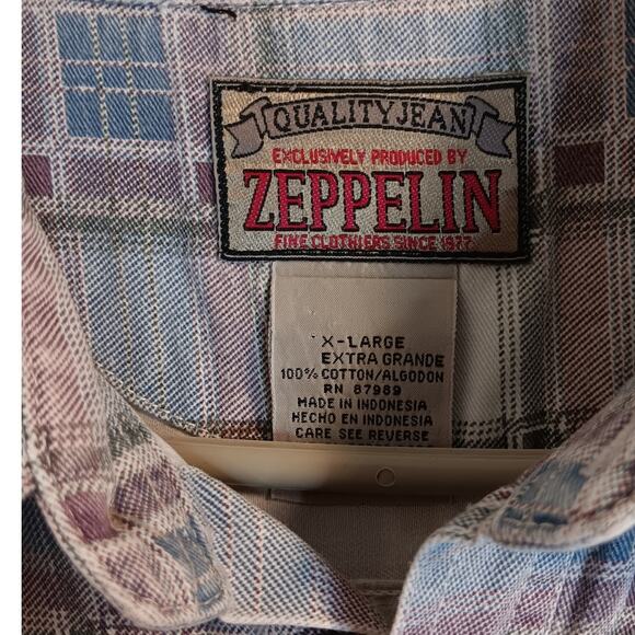 Zeppelin Vintage Jean Shirt Mens XL Gray/Blue Plaid Button Up Casual Y2K - Picture 6 of 12